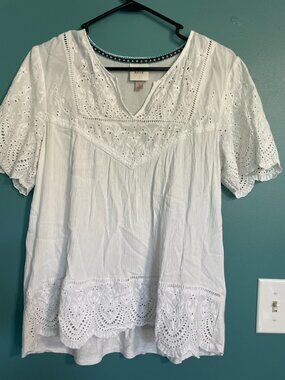Knox Rose Eyelet Design Short-Sleeve Blouse, White, Size L